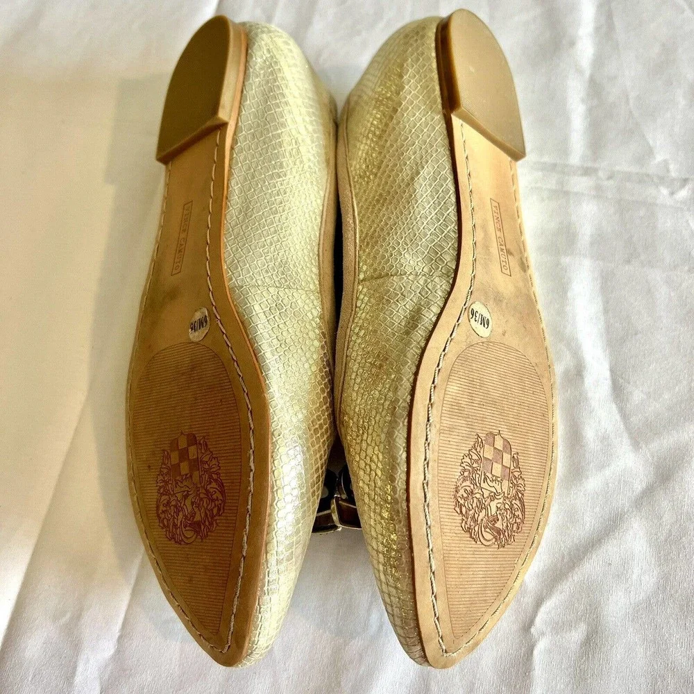 Vince Camuto Size 6 Ballet Flat Beige Tan Gold Embossed Leather Textured Shoes